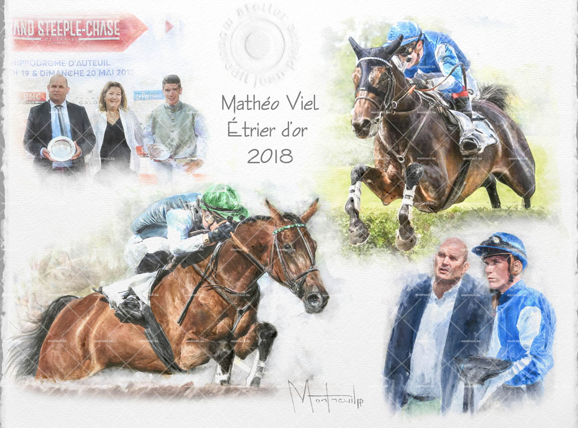 Illustration artistique célébrant Mathéo Viel, champion de steeple-chase 2018, avec chevaux de course et portraits de cavaliers.