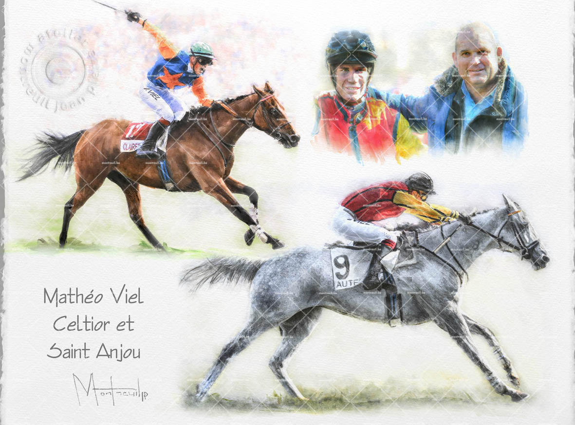 Portrait artistique d'un jockey en tenue de course avec deux chevaux de compétition et deux personnages en habit d'équitation.
