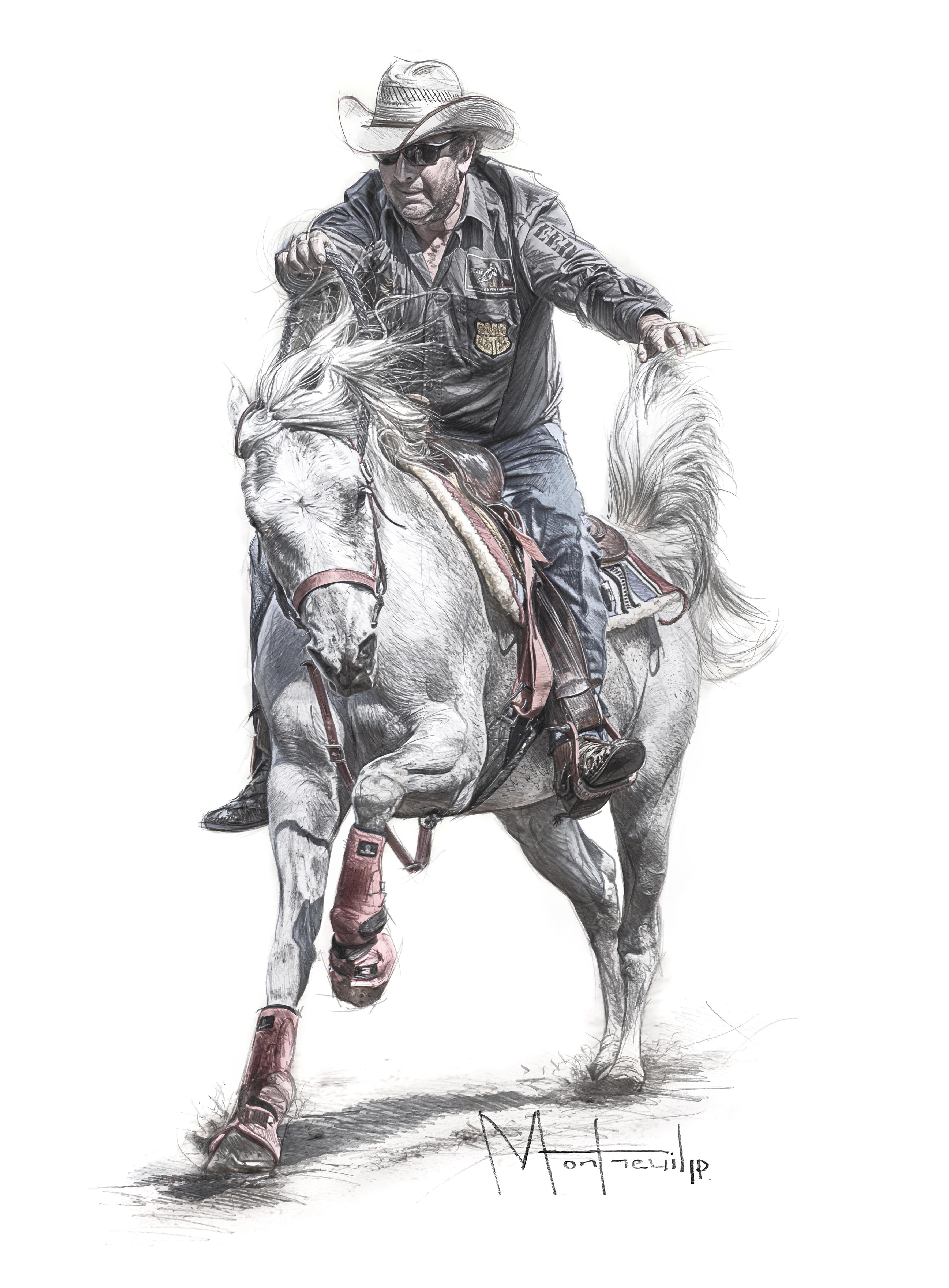 Dessin détaillé d'un cow-boy portant un chapeau de western, monté sur un cheval blanc aux crins ondulants, vêtu d'une chemise en jean et de bottes de cuir.
