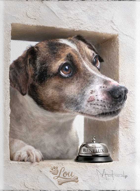 Un chien attentif regarde une cloche de restaurant, attendant patiemment d'être servi avec élégance et courtoisie.