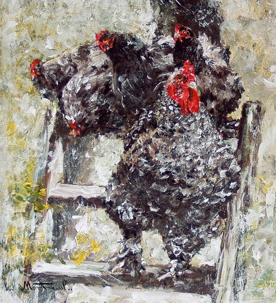 Peinture impressionniste montrant des poules noires avec des fleurs rouges près d'une porte blanche couverte de lierre.