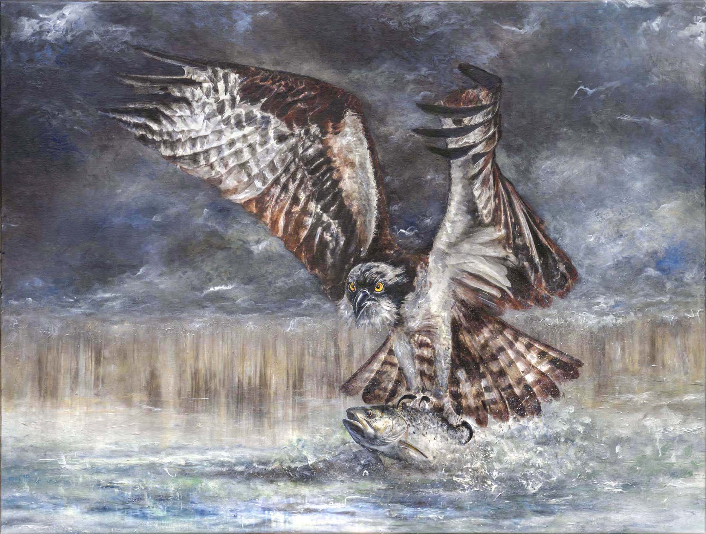 Un aigle majestueux capture un poisson dans les eaux turbulentes, ses ailes déployées dominant le paysage hivernal.
