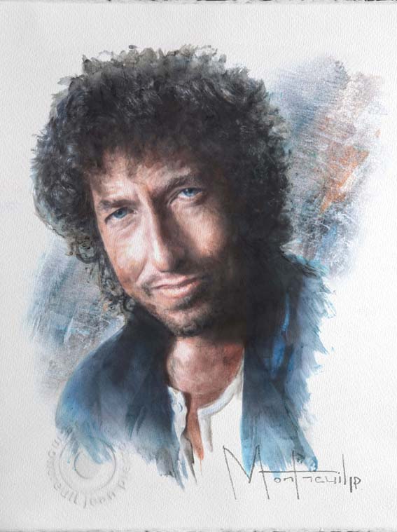 Portrait aquarellé d'un homme aux cheveux bouclés noirs, vêtu d'une veste bleue, regard contemplative et expressif