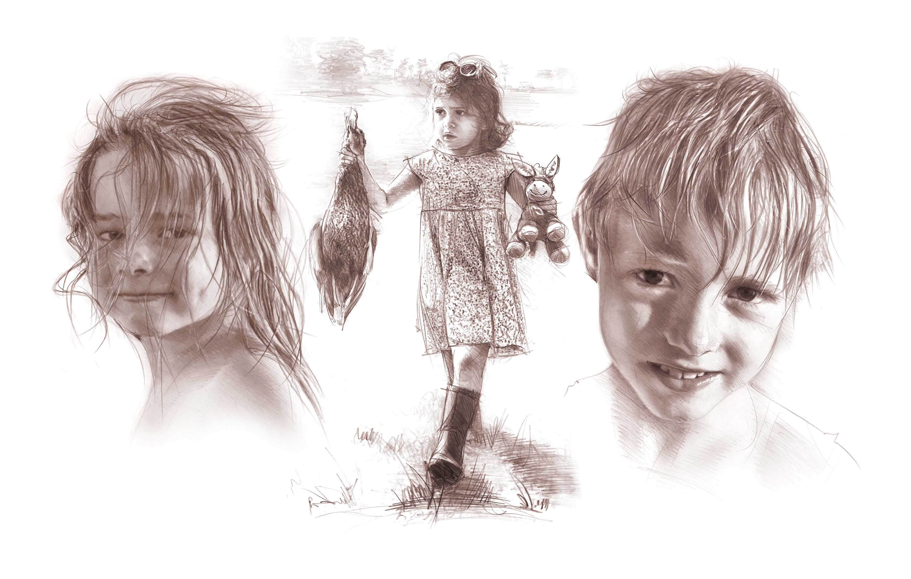 Dessin au crayon représentant une jeune fille en trois poses : de profil, de face souriante, et de face tenant un poisson et une peluche