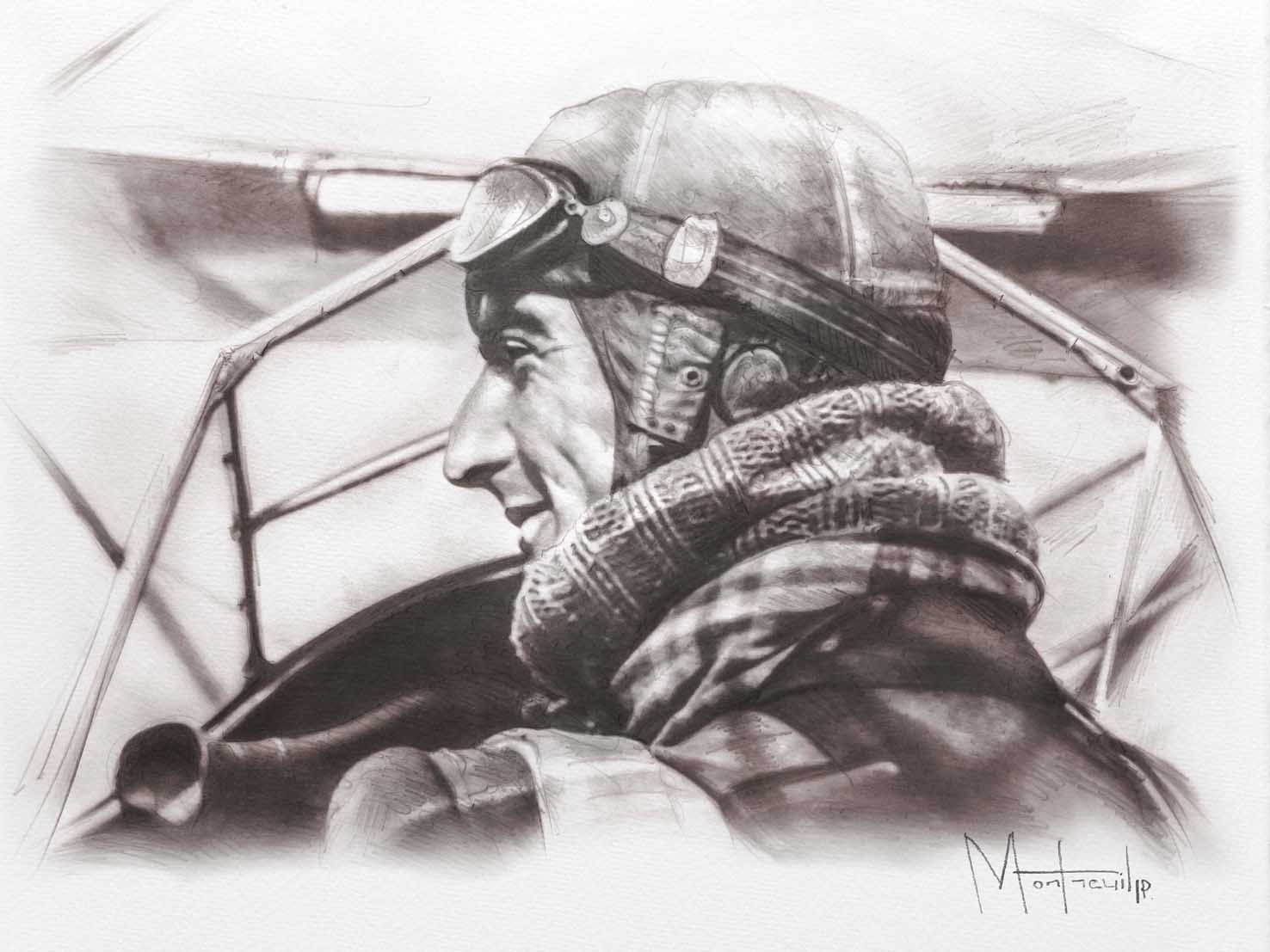 Portrait en profil d'un aviateur portant un casque et des lunettes de vol, aux commandes d'un aéronef.