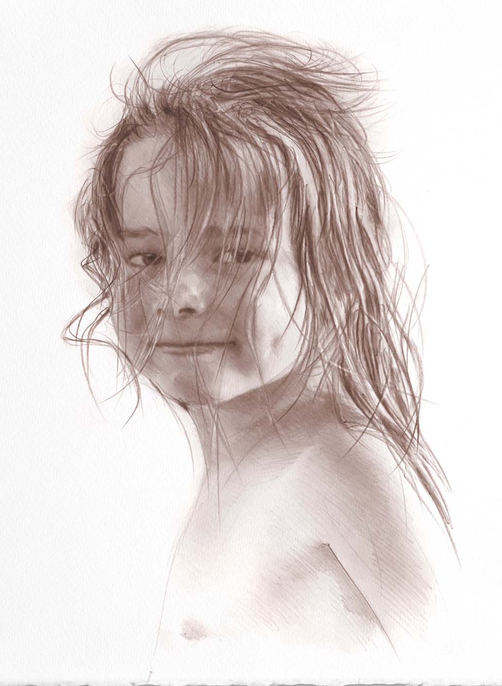 Portrait en profil d'une femme aux cheveux longs ondulés, regard baissé, dessin au crayon sur fond blanc