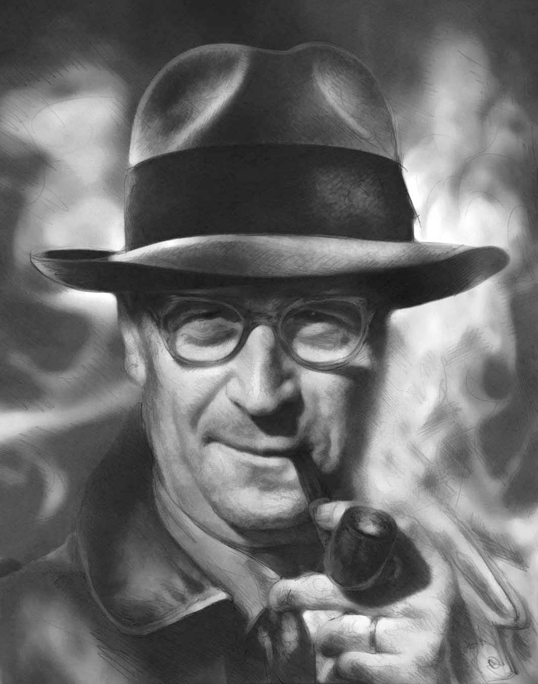 Portrait en noir et blanc d'un homme portant des lunettes et un chapeau de cowboy, tenant une pipe à la main